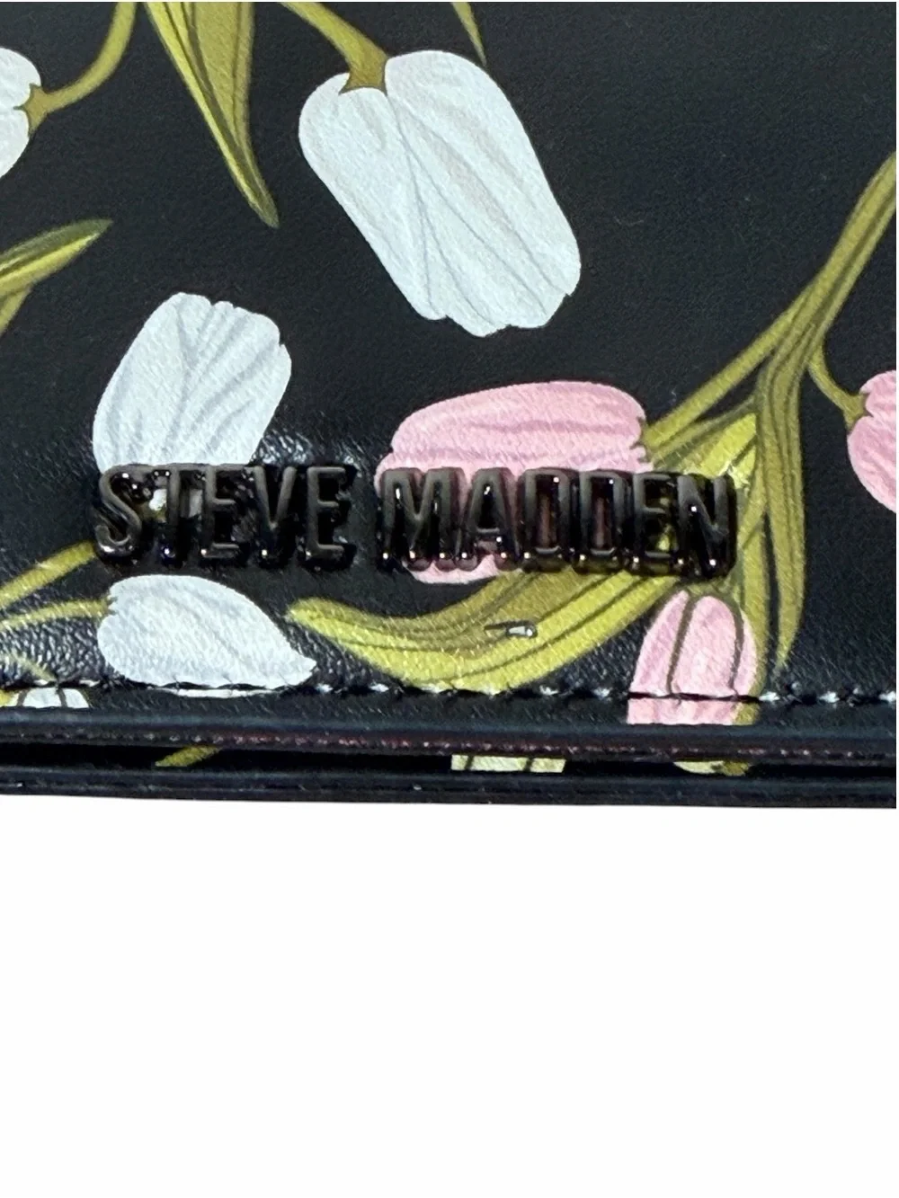 Steve Madden Black Floral Key & Card Holder with Pink and White Tulips